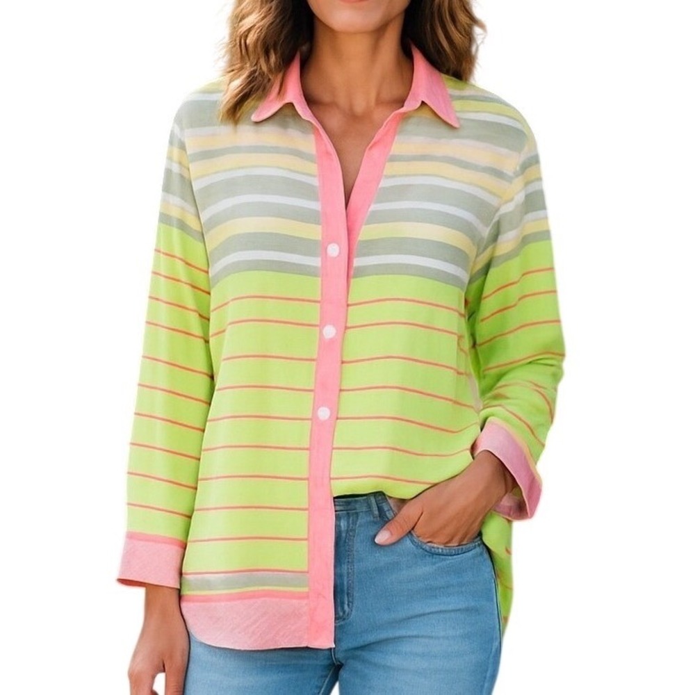 Davi & Dani Striped Button Down Shirt WM‎ Size Medium Neon Green Pink White Gray